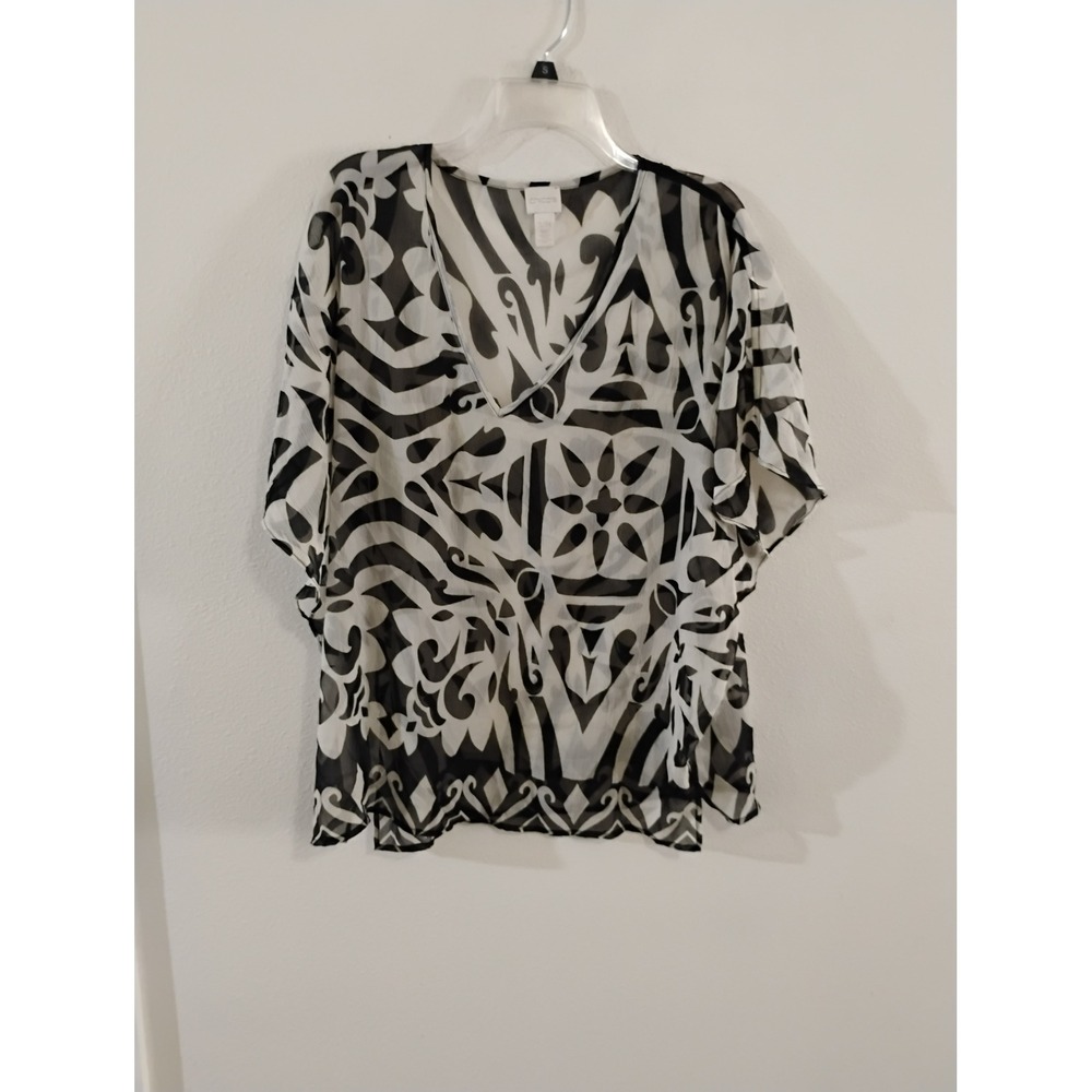 Chicos Womens Black White Geometric Burnout Sheer Kaftan Poncho Top SM SM